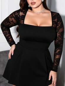 Plus Size Midnight Lace Seduction - Black Square Neck Bodycon Dress For Women Sheer Sleeves Evening Glam, Women's Versatile Lace Dress For Date Nights, Soirées  Lounge Elegance - màu đen - Xem 4