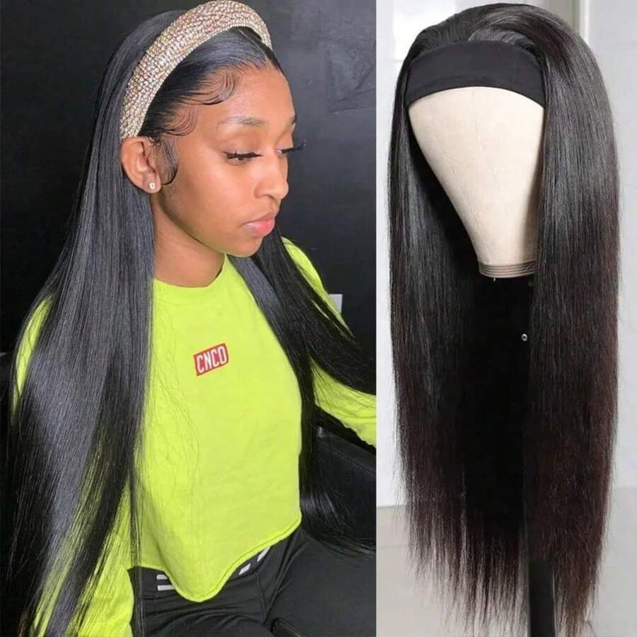bling hair 55.9 Cm Real Hair Headband Wig For Women, Adhesive-Free Wigs, Brazilian Real Hair Wig, 200% Density, Natural Color - Natural Black - 查看 1