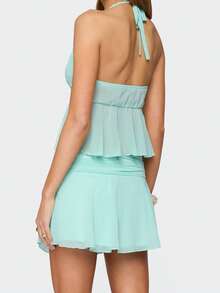 Women's Sleeveless Solid Color Backless Top With Irregular Skirt Two-Piece Suit Suitable For Beach And Street - Blue - View 2