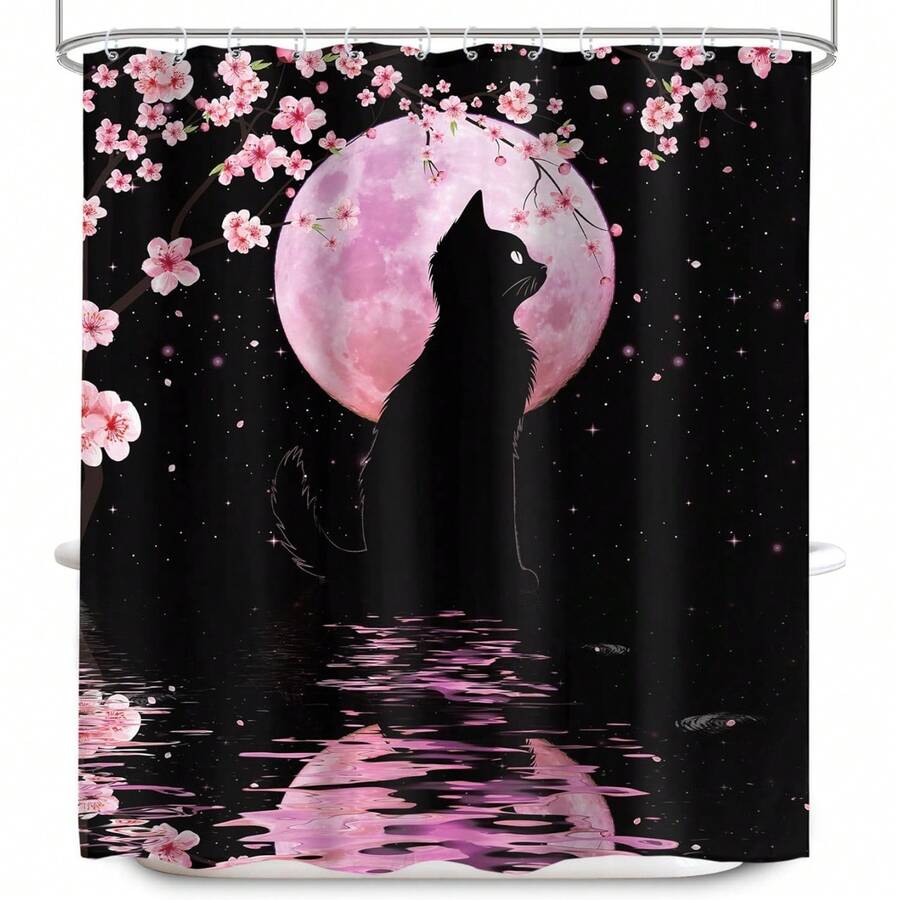 樱花浴帘，66x72 英寸，樱花花卉盛开的花朵春天日本亚洲美学面料防水涤纶浴室家居装饰套装带挂钩浴室装饰 - H-黑貓 - 查看 1