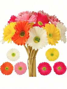 6Pcs Artificial Gerbera Wedding Bridal Bouquet Party Home Office Kitchen Table Center (White, Yellow, Orange, Pink, Rose Red)