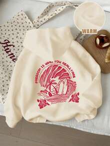 Tween Girl Tropical Print Pullover Sweatshirt Sweatshirt, Warm & Comfortable Thermal Lined Pullover Sweatshirt For Autumn/Winter - Apricot - View 5