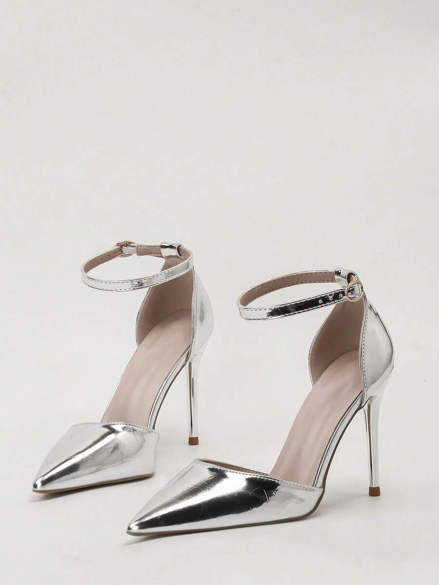 2025秋冬季女士镂空尖头露跟高跟凉鞋，性感，女士高跟鞋，优雅，派对装扮 - 銀色 - 查看 1