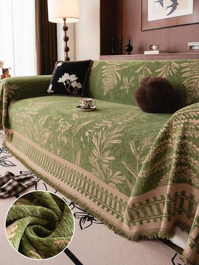 1pc Chenille Sofa Blanket, Bohemian Style Leaf Pattern, Soft & Cozy, Pet-Friendly, Machine Washable, 100% Polyester, With Sofa Protector Cover, Suitable For Bedroom, Living Room, Home Decor, Sofa Cover, Living Room Decor, Room Decor