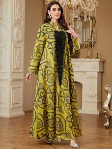 Women's Embroidered Robe, Ramadan Moroccan Applique Robe, Arabic Islamic Dubai Abaya Ramadan Prayer Gown, Random Cut Dubai Long Dress - Mustard Yellow - View 4