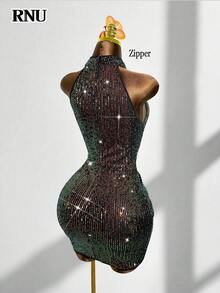 RNU 彩色亮片露背弹力性感紧身连衣裙，适合约会、嘉年华、派对、夜店、街头、情人节、新年、生日，春夏秋冬皆宜。 - 彩色 - 查看 6