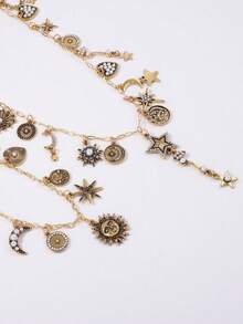 1pc Vintage Chic Luxury Retro Gold-Color Alloy Sun, Moon & Star Layered Chain Necklace For Women - Sun and Star Pendant Necklace - View 5