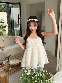 女士春季新品简约宽松优雅小众3D花卉无袖甜美吊带背心，夏季服装 - 杏色 - 查看 8