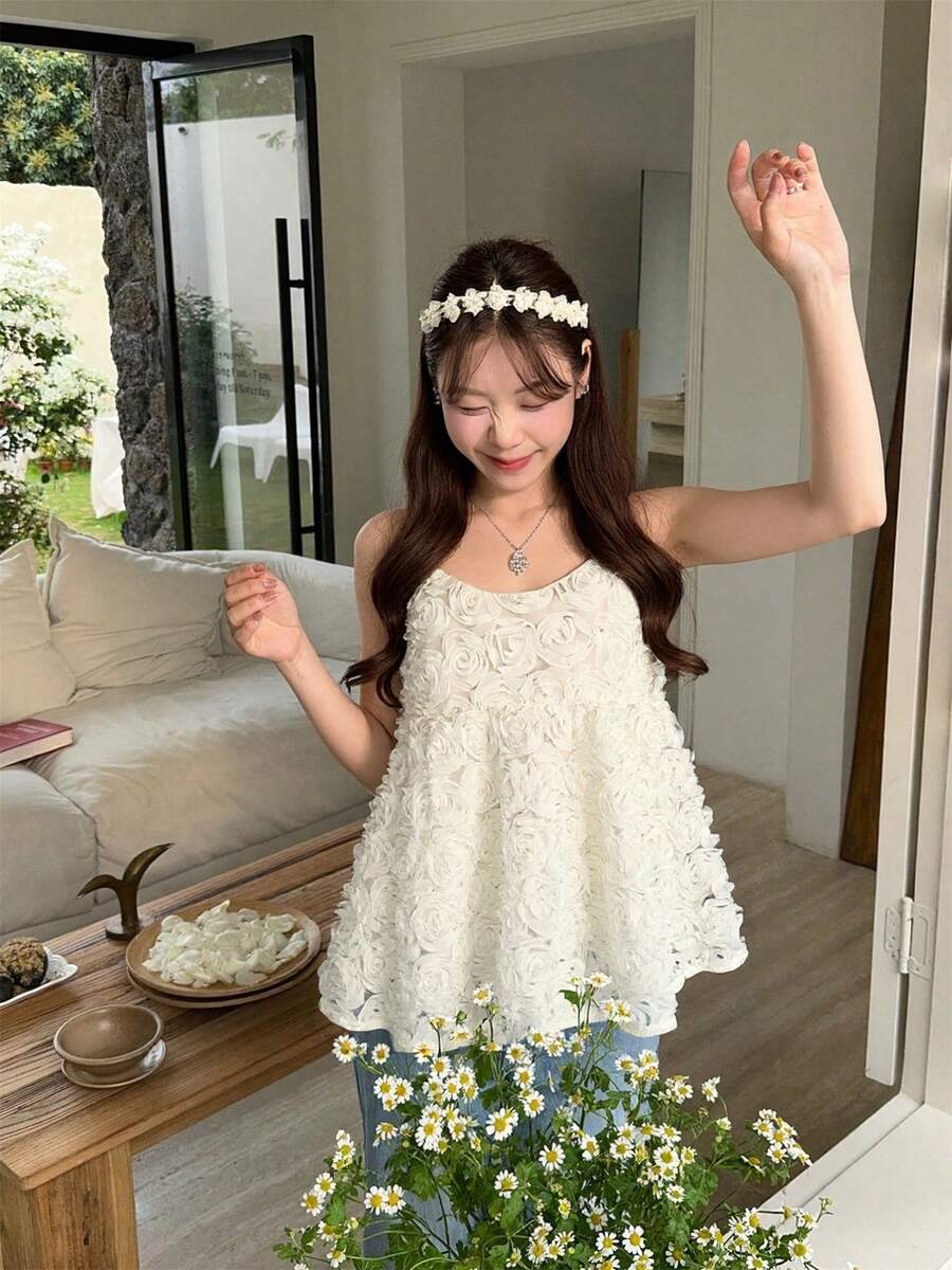 Yorily 女款春季新品極簡寬鬆優雅小眾3D花卉無袖甜美細肩帶背心上衣，夏季休閒服飾