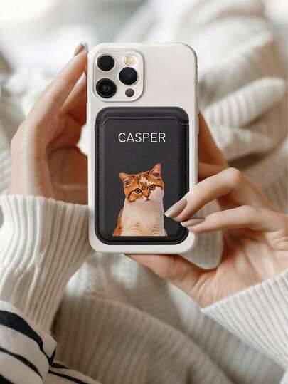 Funda de teléfono personalizada con tarjetero y compatible con MagSafe, con foto de mascota y nombre personalizado. Funda de teléfono personalizada con gato