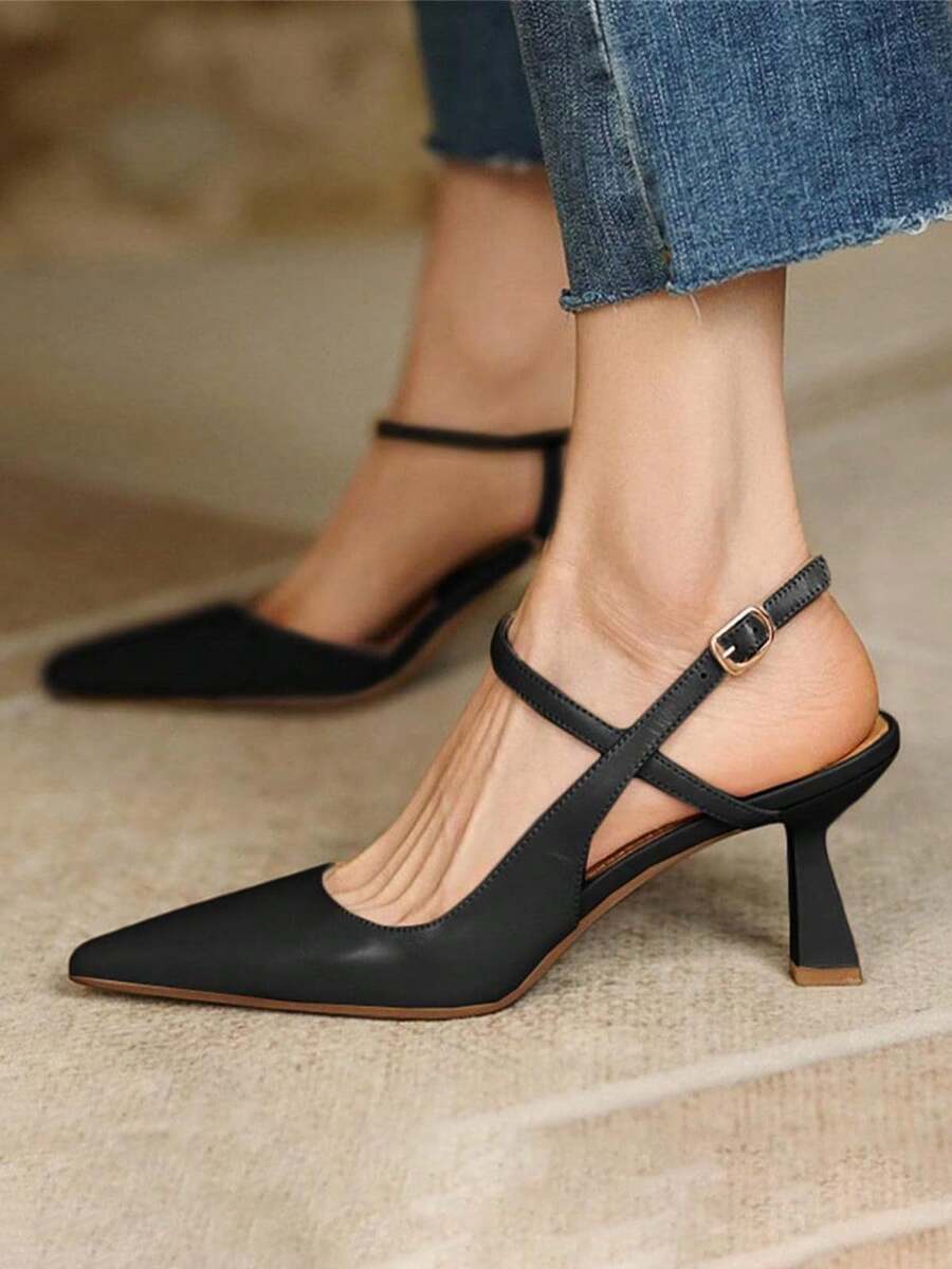 Womens Low Kitten Heel Closed Pointed Toe Slingback Pumps Heels Slip On Heeled Sandals Dress Shoes - màu đen - Xem 1