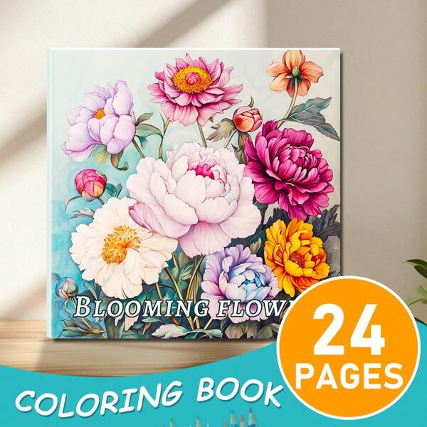 24-Page Blooming Flower Coloring Book, Featuring Various Flower Patterns, Beautiful Flower Illustrations, Suitable As Christmas, Halloween, Birthday, Party, Back To School Gifts, 7.9*7.9in