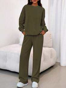 Women's Two-Piece Suit, Sports Suit, Loose Sweatshirt, Sports Pants, Autumn Fashion Casual Matching Suit. - 軍綠色 - 查看 7
