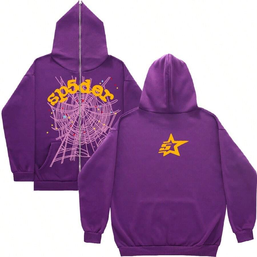 Full Zipper Spider Pattern Hoodie Y2k Oversized Jacket Streetwear - 1 Áo khoác nỉ toàn mặt màu tím đậm có khóa kéo - Xem 1