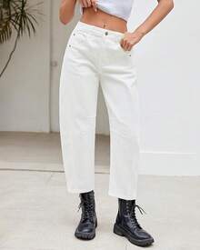 LookbookStore High Waisted Wide Leg Baggy Barrel Jeans Denim Jean Pantshalloween - Kem Trắng - Xem 9