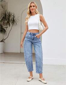 LookbookStore High Waisted Wide Leg Baggy Barrel Jeans Denim Jean Pantshalloween - 礁藍 - 查看 11