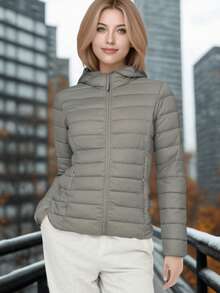 WOMEN'S DOWN JACKET Solid Color Casual Leisure Zipper Drawstring Pocket Vacation - Beige - View 1
