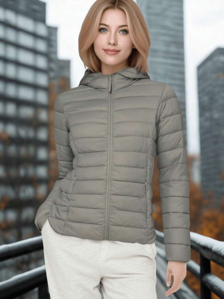 WOMEN'S DOWN JACKET Solid Color Casual Leisure Zipper Drawstring Pocket Vacation - Beige - View 1