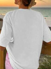 2 pcs Set de 2 piezas de mujer con blusa de manga corta con estampado cerezas lazo moño de verano y shorts elásticos de cintura a rayas - Blanco - Ver 2