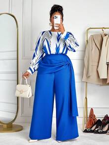 BIUBIU Bộ đồ nữ cỡ lớn thời trang gồm áo kẻ sọc và quần ống rộng xếp ly, thiết kế tối giản, phù hợp cho công sở, mùa xuân, thu và đông. Cũng thích hợp cho đi chơi hàng ngày, hẹn hò, Giáng sinh, tiệc tùng, năm mới và các dịp khác. Thanh lịch - Màu xanh lam - Xem 4