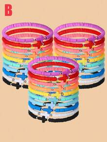 30Pcs Stylish Bohemian Coloured Soft Ceramic Cross Beaded Bracelet Set, Stackable Elastic Stretch Hand String Jewelry - For Men Women Daily Wear And Vacation - Multicolor - View 8