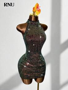 RNU 彩色亮片露背弹力性感紧身连衣裙，适合约会、嘉年华、派对、夜店、街头、情人节、新年、生日，春夏秋冬皆宜。 - 彩色 - 查看 5