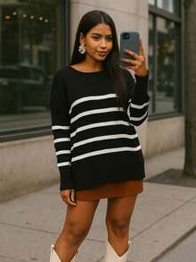 Women's Striped Sweater Knitwear Cold Weather Round Neck Long Sleeve Poncho Autumn/Winter Fashion Casual Stylish Knitwear - 裸體 - 查看 4