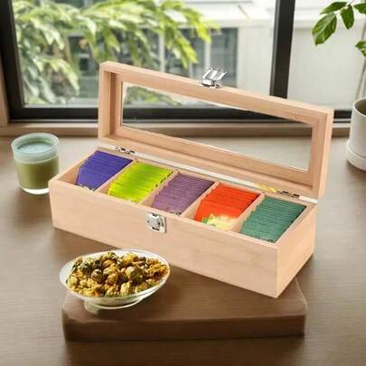 Boîte de rangement pour sachets de thé en bambou avec couvercle en verre transparent - Boîte de rangement multi-compartiments pour thé, café et fournitures de bureau, finition bois naturel, présentoir coloré pour sachets de thé, idéale pour la cuisine ou le bureau, rangement du thé, paniers d'étagère pour la rentrée scolaire