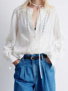 Womens Loose Button Down Shirts Long Balloon Sleeve Lace Patchwork Tops Fall Blouse - trắng - Xem 4