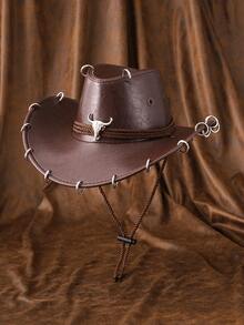 1 chiếc Mũ cao bồi da PU trơn màu Unisex, mũ vành rộng chống nắng họa tiết bò đực kim loại 3D độc đáo, phong cách Cyberpunk cổ điển mới thời trang, dây đeo có thể điều chỉnh, thích hợp cho các bữa tiệc, sự kiện theo chủ đề phương Tây, tụ họp, hóa trang, tốt nghiệp, hóa trang, lễ hội, sinh nhật, lễ hội âm nhạc, hoạt động ngoài trời - đầu bò - Xem 9