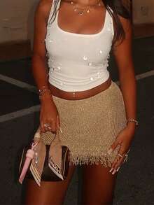 针织流苏新款性感双层半身裙搭配短裤 - 香檳色 - 查看 7