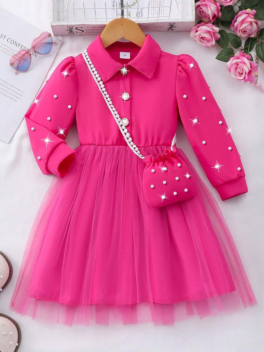 Girls Long Sleeve Collared Pearl Mesh Dress, Pink Party Dress, Children Formal Gown With Matching Bag, Elegant Wedding/Birthday Dress For Young Girls - Hot Pink - View 1