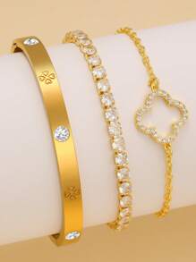 Elegant Shiny Fashion Clover-Shaped Zirconia Inlaid Stainless Steel Zirconia Clover Bracelet Set, Suitable For Daily Wear And As A Gift For Friends