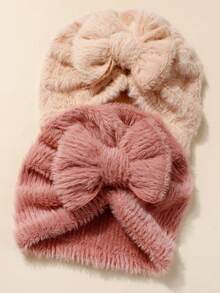 2pcs Cute Fluffy Bow Baby Hat Set, Suitable For Children Everyday Use In Autumn/Winter - Multicolor - View 5