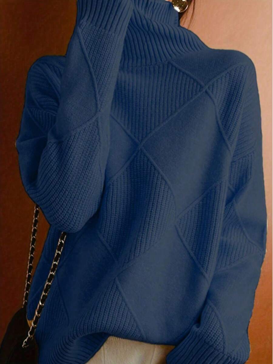 Plus Size Women Solid High Neck Long Sleeve Pullover Sweater, Autumn/Winter - Xanh đậm - Xem 1
