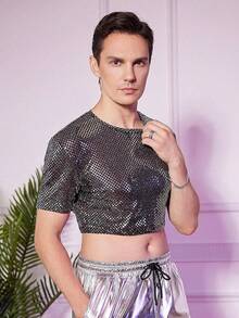 Men's Fishnet Mesh Tee Shirt Round Neck Short Sleeve Crop Top - 黑色固體 - 查看 9