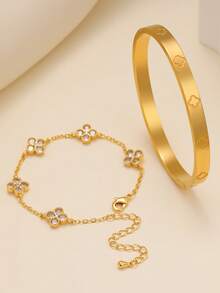 时尚奢华优雅四叶草锆石不锈钢手链和手镯套装，适合女士，适合多种场合搭配和赠送朋友 - 金黃色 - 查看 15