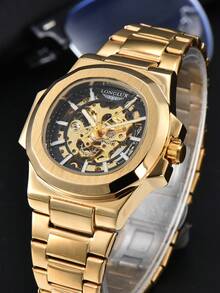 LONGLUX 1pc Men's Hollow Automatic Mechanical Watch With Butterfly Buckle Steel Band, Business Watch - Vàng - Xem 3