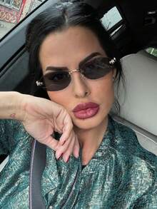 1pc Women's Dark Grey Oval Frameless Metal Leg Edged Small Frame Fashionable Eyeglasses, Suitable For Daily Wear Elegant Outfit For Summer Beach Vacation,Outdoor,Travel - 黑灰 - 查看 4