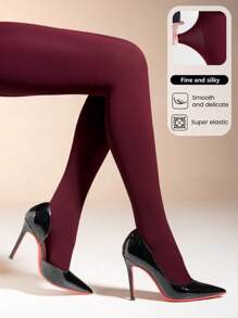 Plus Size Women's Burgundy Sheer Leggings/Tights, Fashionable High Elasticity Slimming Pants Suitable For Business, Office, And Casual Wear