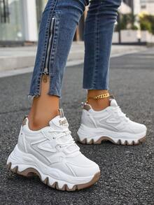2025 New Short Height Increasing Women Shoes, Chunky Sneakers Thick-Soled Wedge Shoes, White Versatile Ladies Lace-Up Casual Athletic Shoes - White - View 3