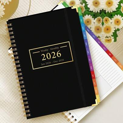 2026年计划本，2026年1月至12月，A5极简月计划本，彩色月度标签，节假日提醒和笔记，办公桌配件，返校用品，男士/圣诞节完美礼物