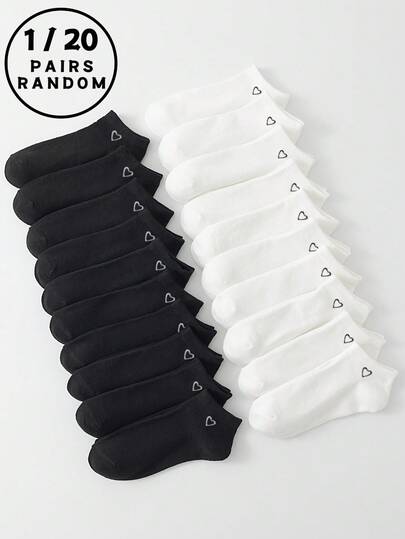 1双/20双秋冬款，四季皆宜。随机黑白心形图案平底浅口袜，情人节情侣款。甜美日系日常简约百搭。男女户外运动健身服。校园日常运动百搭。柔软亲肤舒适透气防臭。男女款浅口短袜