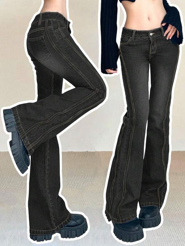 Women's Y2K Flared Jeans With Pockets, Autumn