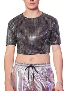 Men's Fishnet Mesh Tee Shirt Round Neck Short Sleeve Crop Top - 黑色固體 - 查看 1