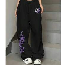 Women's Sweatpants Wide Leg Style Star Purple Loose Casual Flannel Adjustable Trousers - màu đen - Xem 2