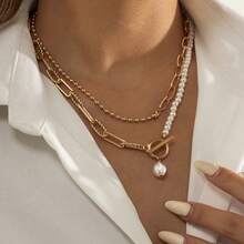 GARMEND 1 件复古风格双层珍珠吊坠项链，个性化不锈钢长串珠链，适合女性服装配饰、约会和户外穿着 - A - 查看 2