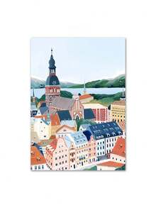 1 pieza Pintura en lienzo de arte de pared con ilustración minimalista abstracta de paisaje, ciudad, viaje y fruta para decoración del hogar y sala de estar