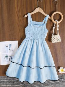 Girls' Sleeveless Camisole Dress, Casual Sweet Apricot Patchwork Black Lace Strap Dress, Summer Vacation A-Line Dress - Blue - View 2