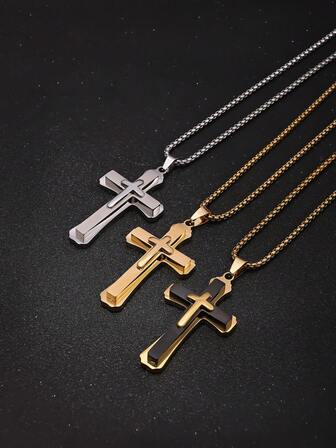 1pc Stainless Steel Classic Religious Cross Pendant Necklace, Hip Hop Jewelry Accessory, Birthday Party Gift